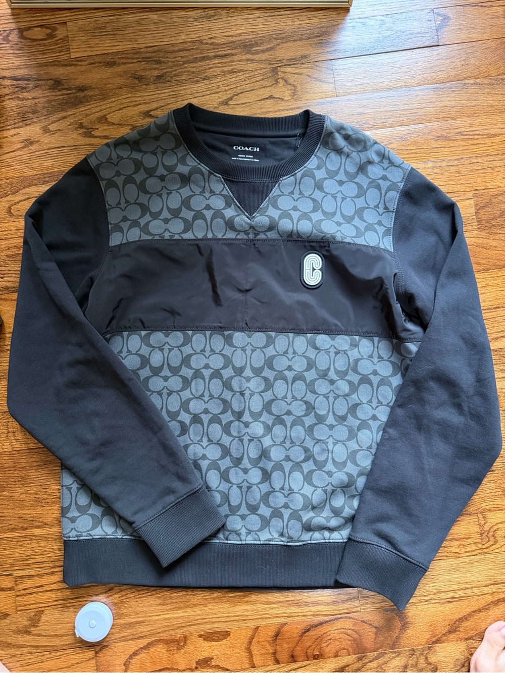 Coach Men’s Black and Gray Signature Panel Crewneck Sweater